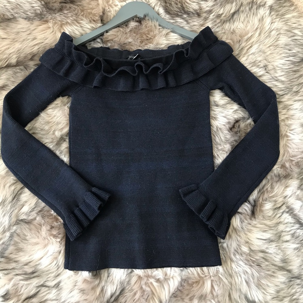 WHBM Navy Blue Heavy Knit Ruffle Wool Sweater